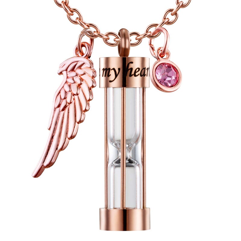 PREKIAR Cremation Urn Necklace for Ashes Timeless Hourglass Memorial Pendant Keepsake Jewelry for Human Pet Ashes with 12 Birthstone Angel Wing (Rose Gold Hourglass) - Image 1